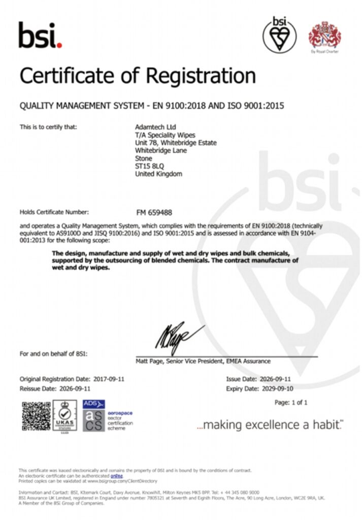 Aerospace certificate Speciality Wipes